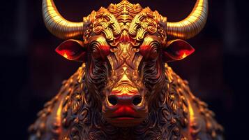 Front view of bull statue. Concept of bullish market. AI generated photo