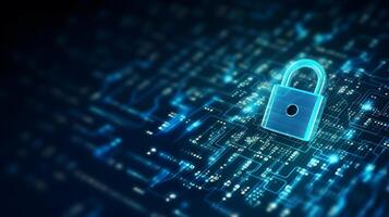 Lock on circuit pattern. Concept of data security and cybersecurity. photo