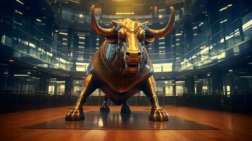 Front view of bull statue. Concept of bullish market. AI generated photo