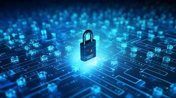 Lock on circuit pattern. Concept of data security and cybersecurity. photo