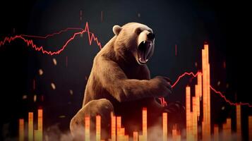 Bear with background of downtrend stock market. Concept of market crush. AI generated photo