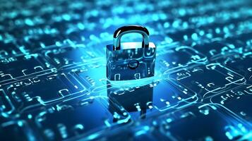 Lock on circuit pattern. Concept of data security and cybersecurity. photo
