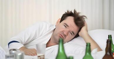 Man suffering hangover after drinking alcohol. . photo