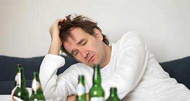 Man suffering hangover after drinking alcohol. . photo