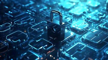 Lock on circuit pattern. Concept of data security and cybersecurity. photo