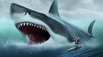 Big shark and diver surfing at ocean. photo