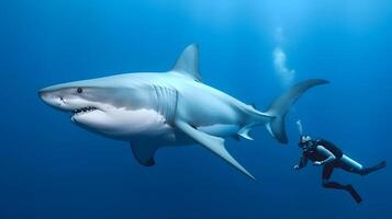 Big shark and diver at deep ocean. Underwater adventure. photo