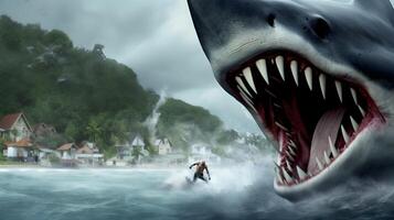Giant shark going to catch diver surfing at ocean. Adventure at sea. photo
