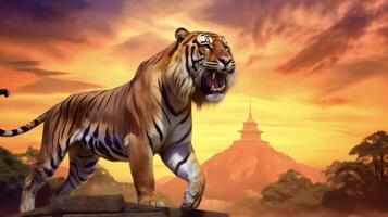 Fantastic tiger at beautiful sunset in asian history. AI generated photo