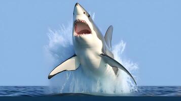 Great white shark jumping out of water at ocean. photo