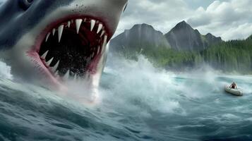 Giant shark going to catch diver surfing at ocean. Adventure at sea. photo