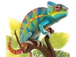 Green chameleon resting on branch. photo
