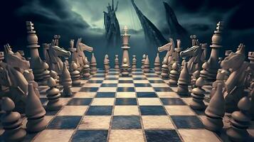 Ancient chess pieces on chessboard. Fantastic battlefield. AI generated photo