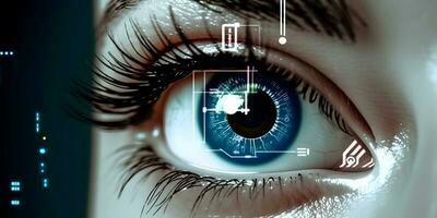 mujer ojo con digital codificación iris pantalla. concepto de iris reconocimiento. ai generado foto