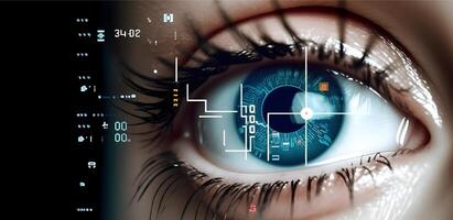 Woman eye with digital coding iris screen. Concept of iris recognition. photo