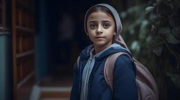 árabe estudiante niña con mochila. concepto de espalda a escuela. ai generado foto