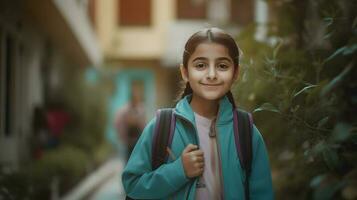 árabe estudiante niña con mochila. concepto de espalda a escuela. ai generado foto