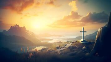 Christian cross on hill at sunset. AI generated photo