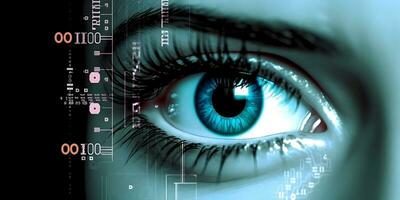 mujer ojo con digital codificación iris pantalla. concepto de iris reconocimiento. ai generado foto