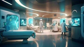 Futuristic healthcare room at modern hospital. AI generated photo