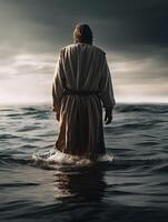 Back view of Jesus Christ walking on water. AI generated photo