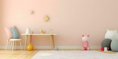 interior infantil hogar diseño. minimalista vivo habitación decoración. ai generado. foto