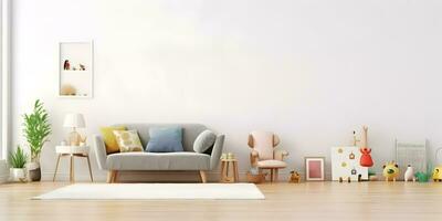 Interior childish home design. Minimalistic living room decoration. AI generated. photo