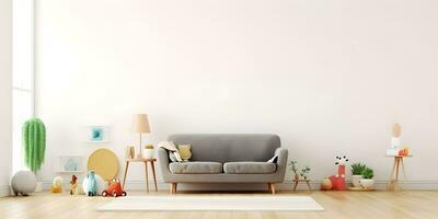 Interior childish home design. Minimalistic living room decoration. AI generated. photo