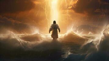 Jesus Christ walking on water. Thunderstorm with huge waves. AI generated photo