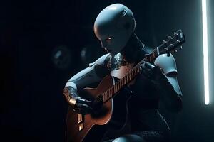 AI robot musician playing guitar. Futuristic entertainment on stage. photo