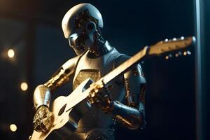 AI robot musician playing guitar. Futuristic entertainment on stage. photo