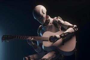 AI robot musician playing guitar. Futuristic entertainment on stage. photo