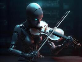 AI robot musician playing violin. Futuristic entertainment on stage. photo