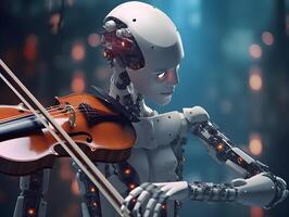 AI robot musician playing violin. Futuristic entertainment on stage. photo