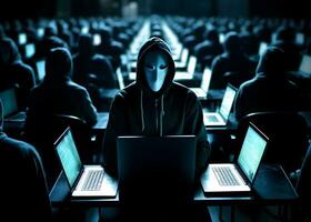 Hackers with hoodies. Hacker group, organization or association. AI generated photo