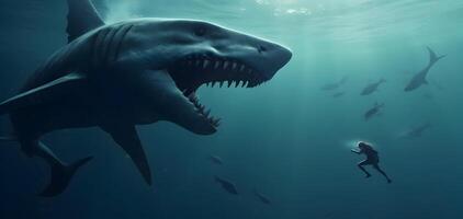 Demon shark going to catch diver at deep ocean. Adventure at sea. photo