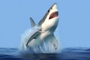 Great white shark jumping out of water at ocean. AI generated photo