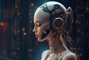 Futuristic female robot with artificial intelligence. photo