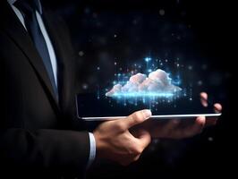 Cloud data storage, cloud computing and data transfer concept. photo