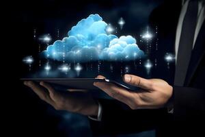 Cloud data storage, cloud computing and data transfer concept. photo