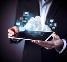 Cloud data storage, cloud computing and data transfer concept. photo