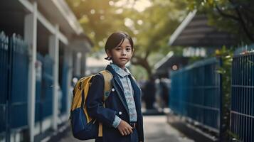 asiático estudiante niña con mochila. concepto de espalda a escuela. ai generado foto