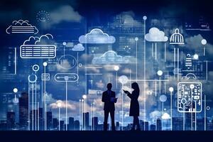 Businesspersons with clouds. Cloud data storage, cloud computing concept. photo