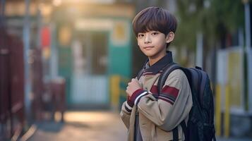 asiático estudiante chico con mochila. concepto de espalda a escuela. ai generado foto