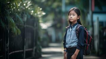 asiático estudiante niña con mochila. concepto de espalda a escuela. ai generado foto