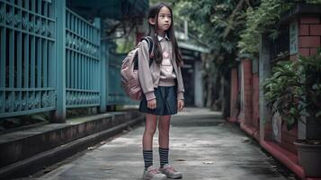 asiático estudiante niña con mochila. concepto de espalda a escuela. ai generado foto