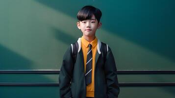 Asian student boy with backpack. Concept of back to school. AI generated photo