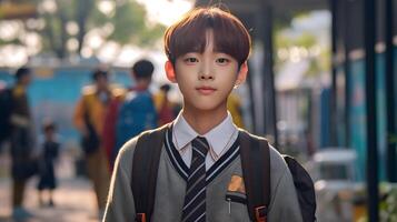 asiático estudiante chico con mochila. concepto de espalda a escuela. ai generado foto