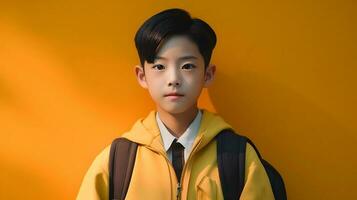 Asian student boy with backpack. Concept of back to school. AI generated photo