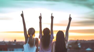 Tres niña amigos compartir alegre momento y felicidad a puesta de sol. ai generado foto